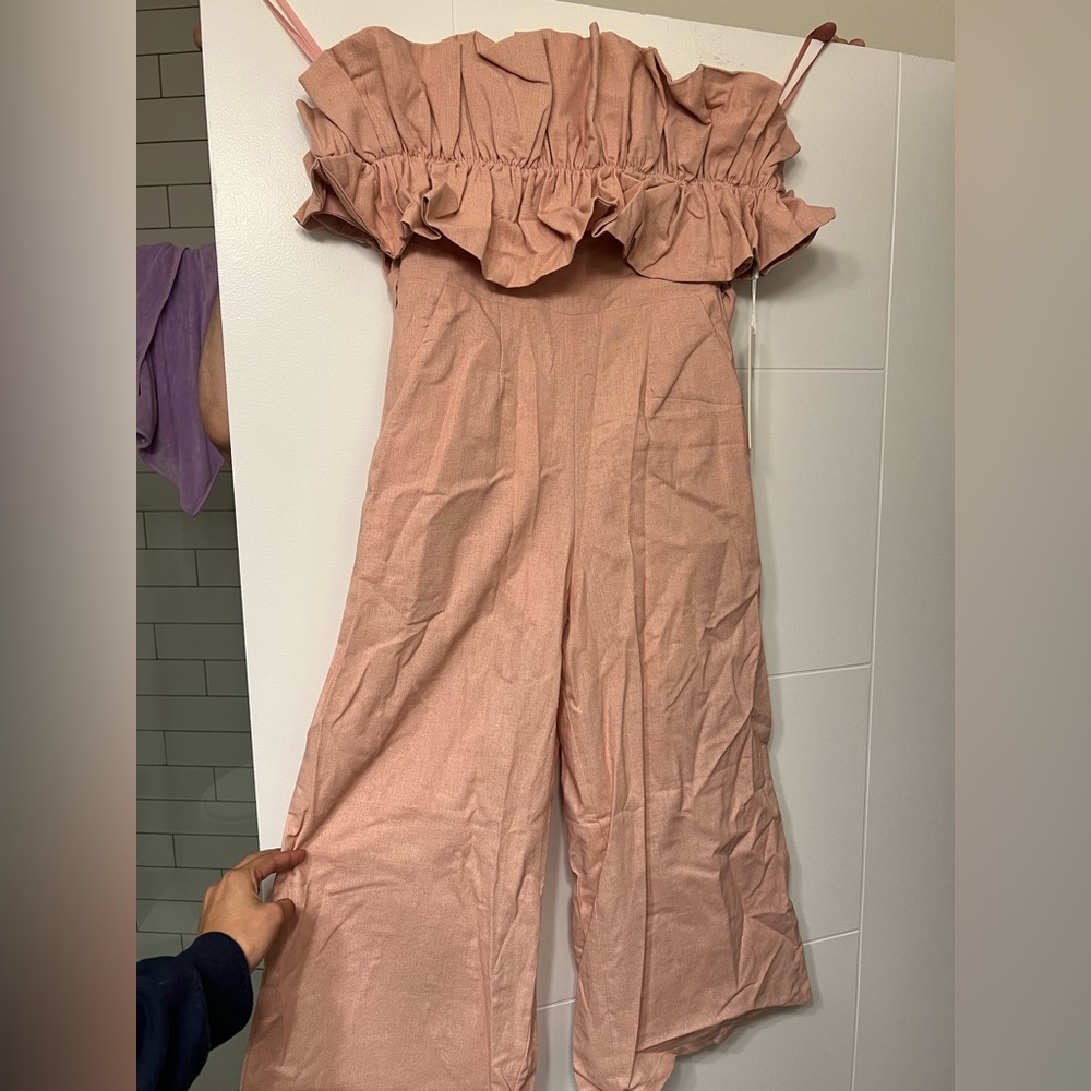 Pink strapless ruffle jumpsuit